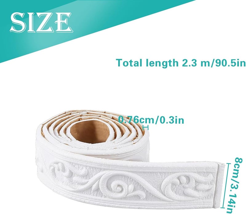 QoTang 90 x 3 Inch Foam Molding Trim Peel and Stick, Flexible Crown Molding Wallpaper Border Self Adhesive, 3D Wall Base Moulding Trim, Wall Edging Lines Foam Baseboard for Home Hotel DIY, White, 1 Roll - Image 2